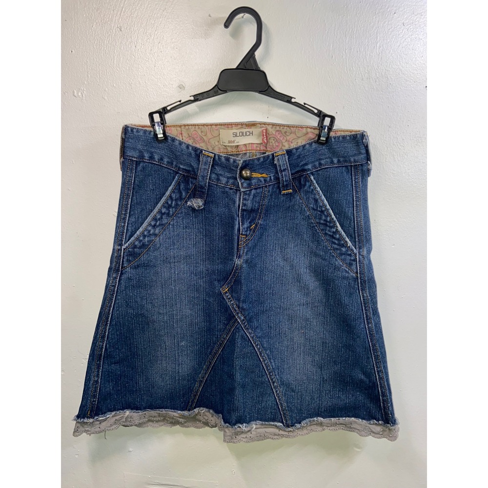 Levis 504 Vintage Y2K Coquette Whimsigoth Slouch Denim Mini Skirt with Lace Trim